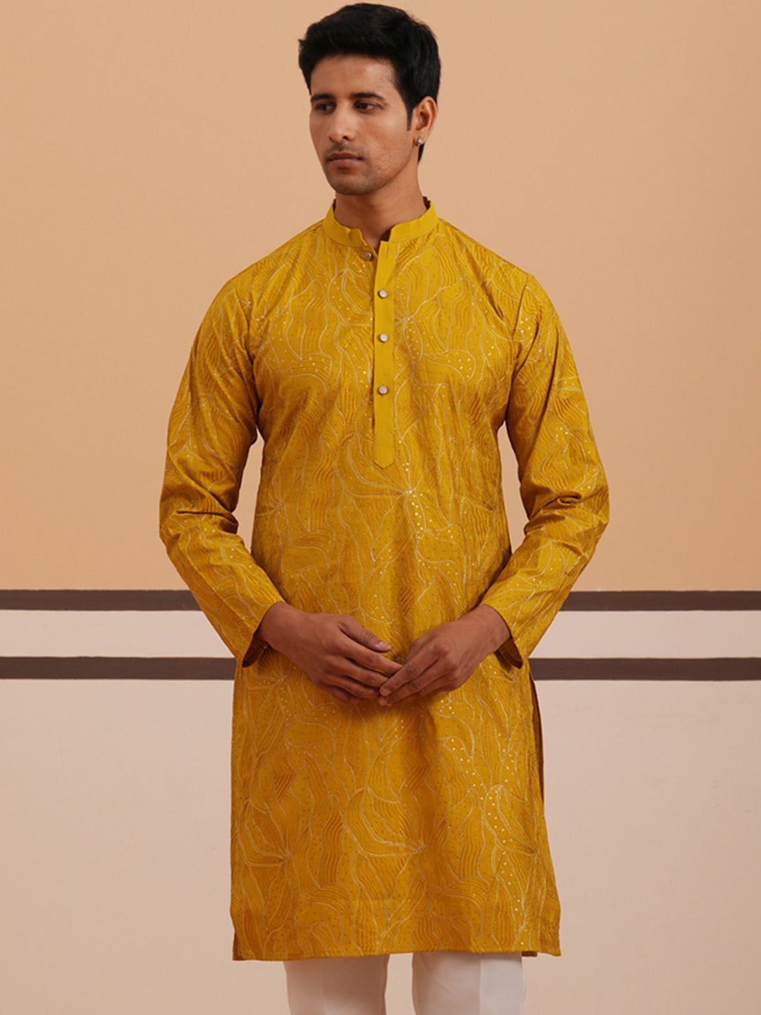 Silk Blend Embroidered & Sequinned Kurta ( 65KO 5340 Mustard ) [FF] [P-15]