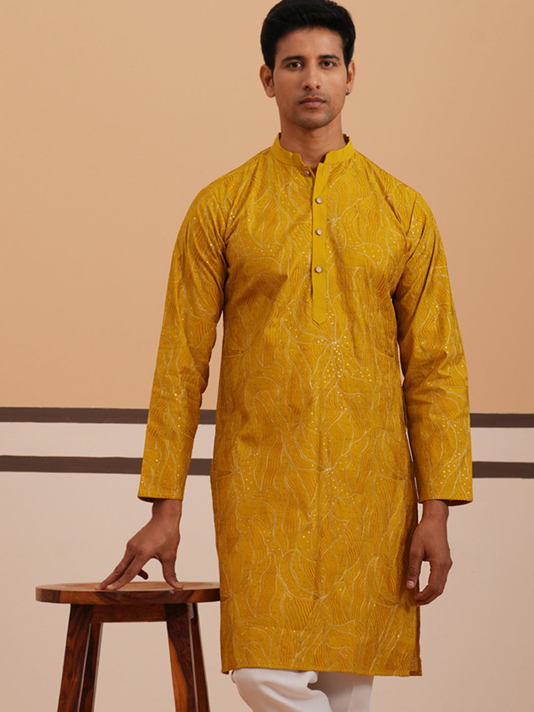 Silk Blend Embroidered & Sequinned Kurta ( 65KO 5340 Mustard ) [FF] [P-15]