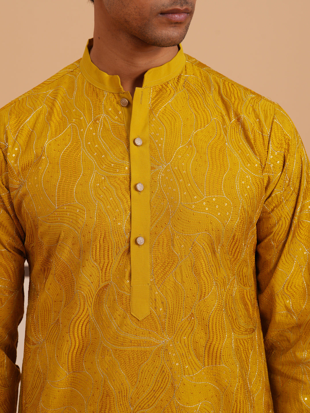 Silk Blend Embroidered & Sequinned Kurta ( 65KO 5340 Mustard ) [FF] [P-15]