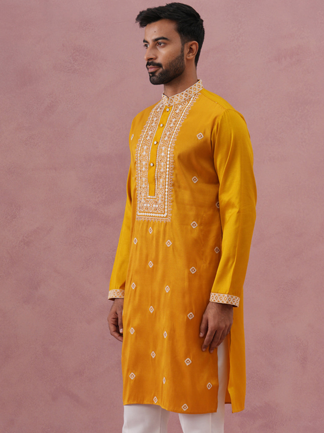 Men’s Ethnic Silk Blend Embroidered Kurta ( 65KO 5341 Mustard ) [FF] [A-1-4]