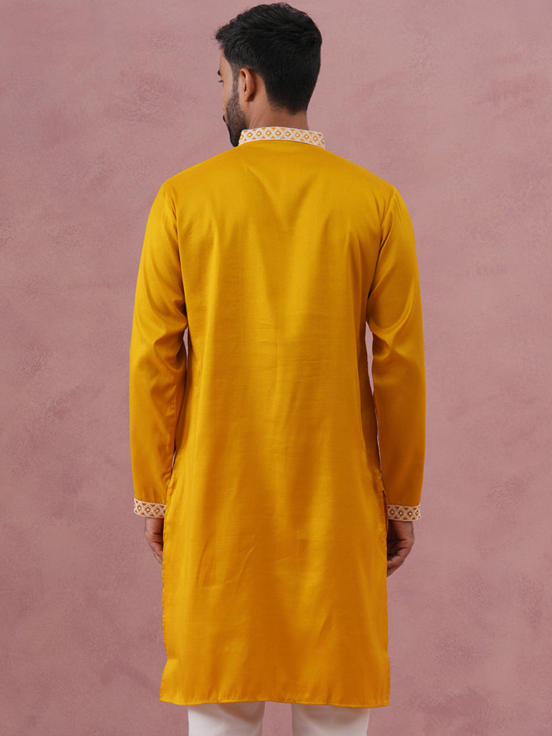 Men’s Ethnic Silk Blend Embroidered Kurta ( 65KO 5341 Mustard ) [FF] [A-1-4]