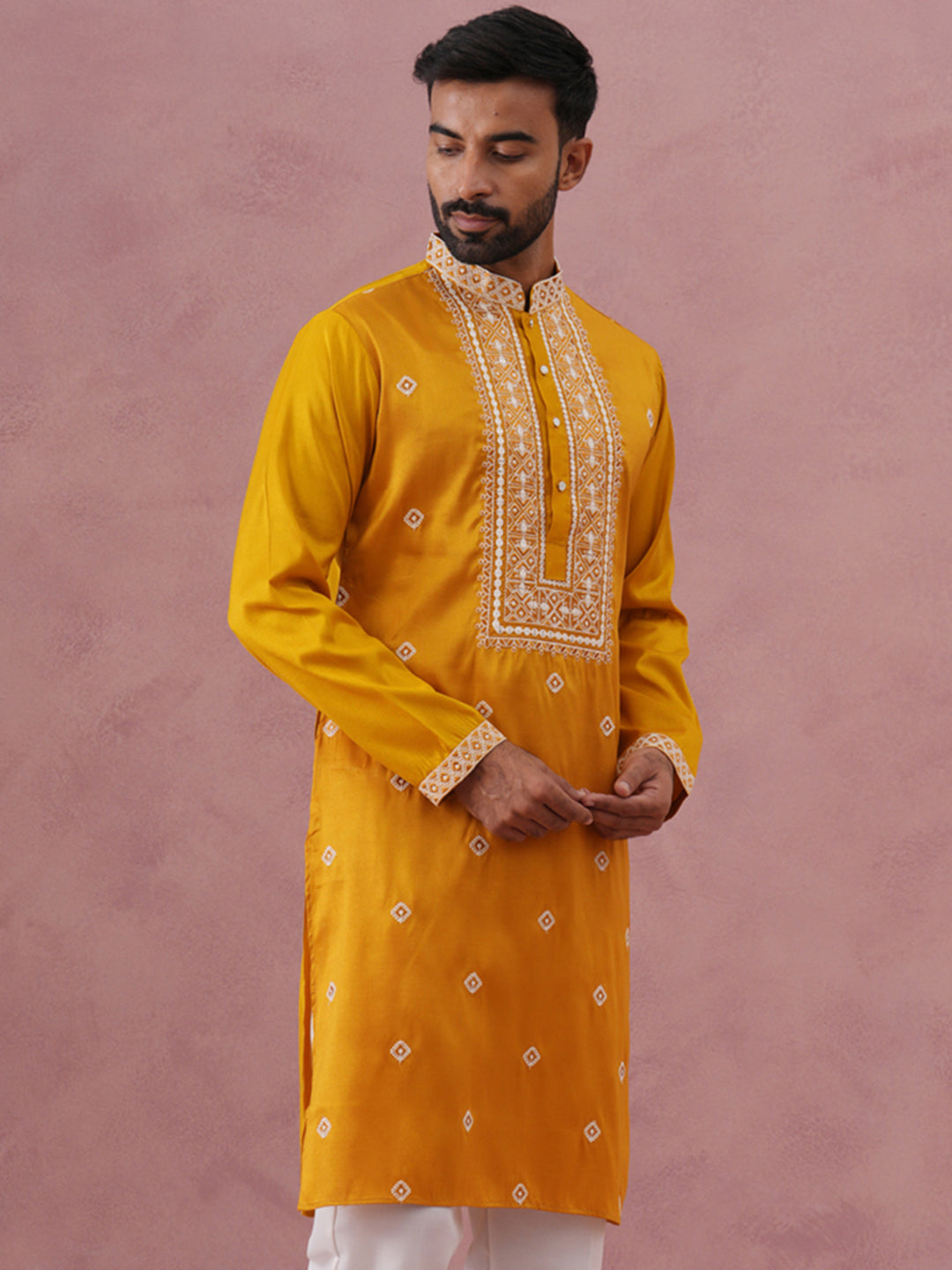 Men’s Ethnic Silk Blend Embroidered Kurta ( 65KO 5341 Mustard ) [FF] [A-1-4]