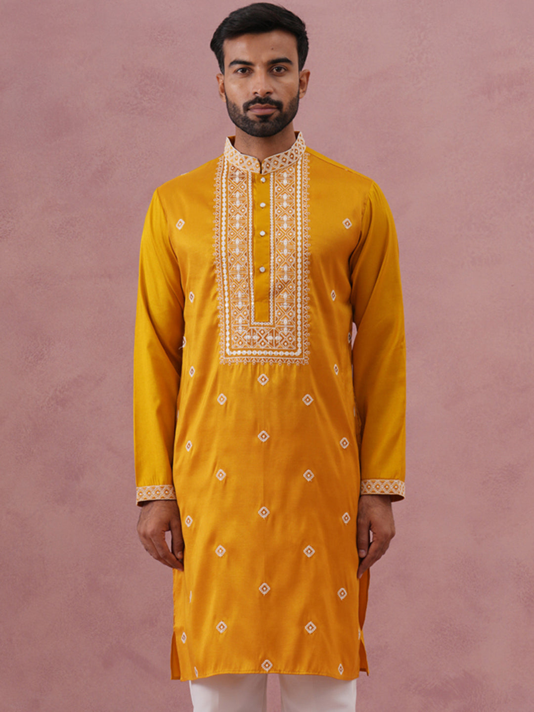 Men’s Ethnic Silk Blend Embroidered Kurta ( 65KO 5341 Mustard ) [FF] [A-1-4]