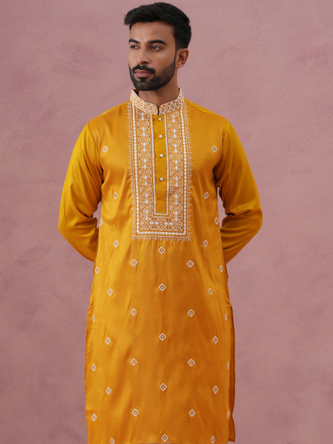 Men’s Ethnic Silk Blend Embroidered Kurta ( 65KO 5341 Mustard ) [FF] [A-1-4]