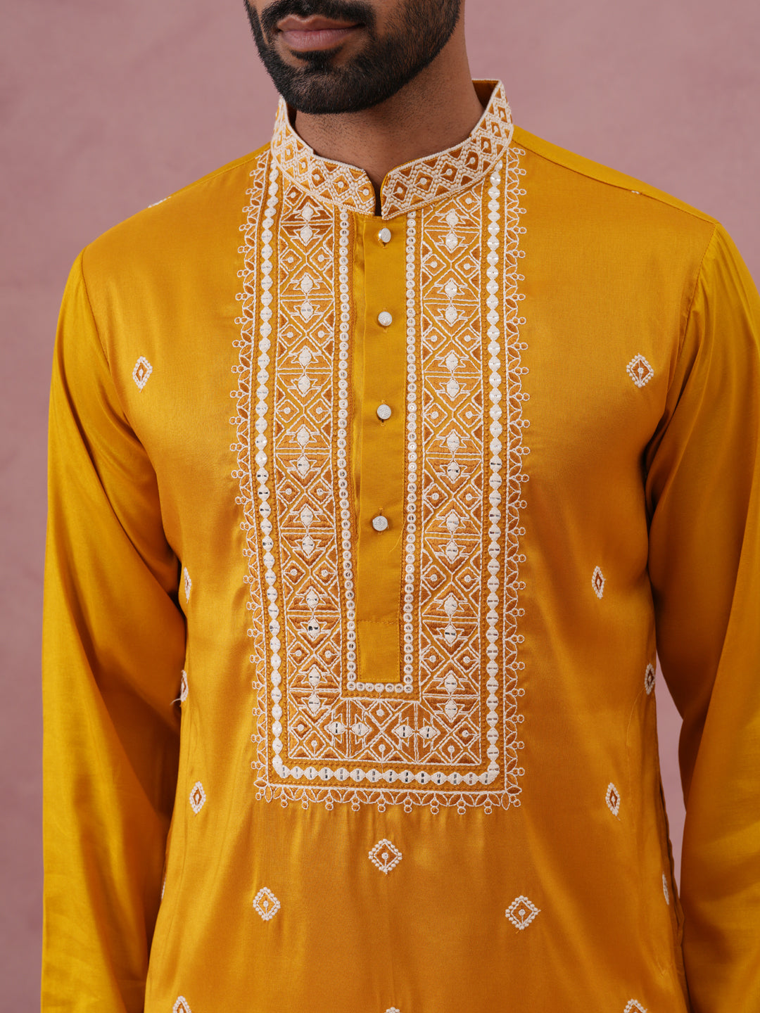 Men’s Ethnic Silk Blend Embroidered Kurta ( 65KO 5341 Mustard ) [FF] [A-1-4]