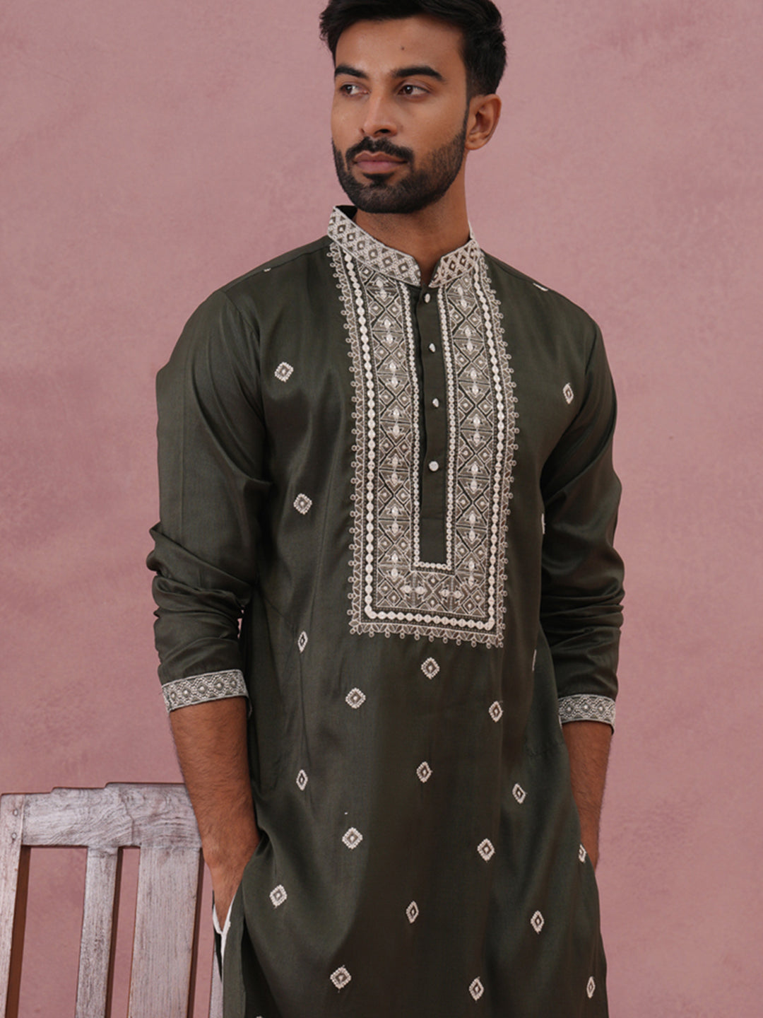 Men’s Ethnic Silk Blend Embroidered Kurta ( 65KO 5341 Olive ) [FF] [A-1-4]