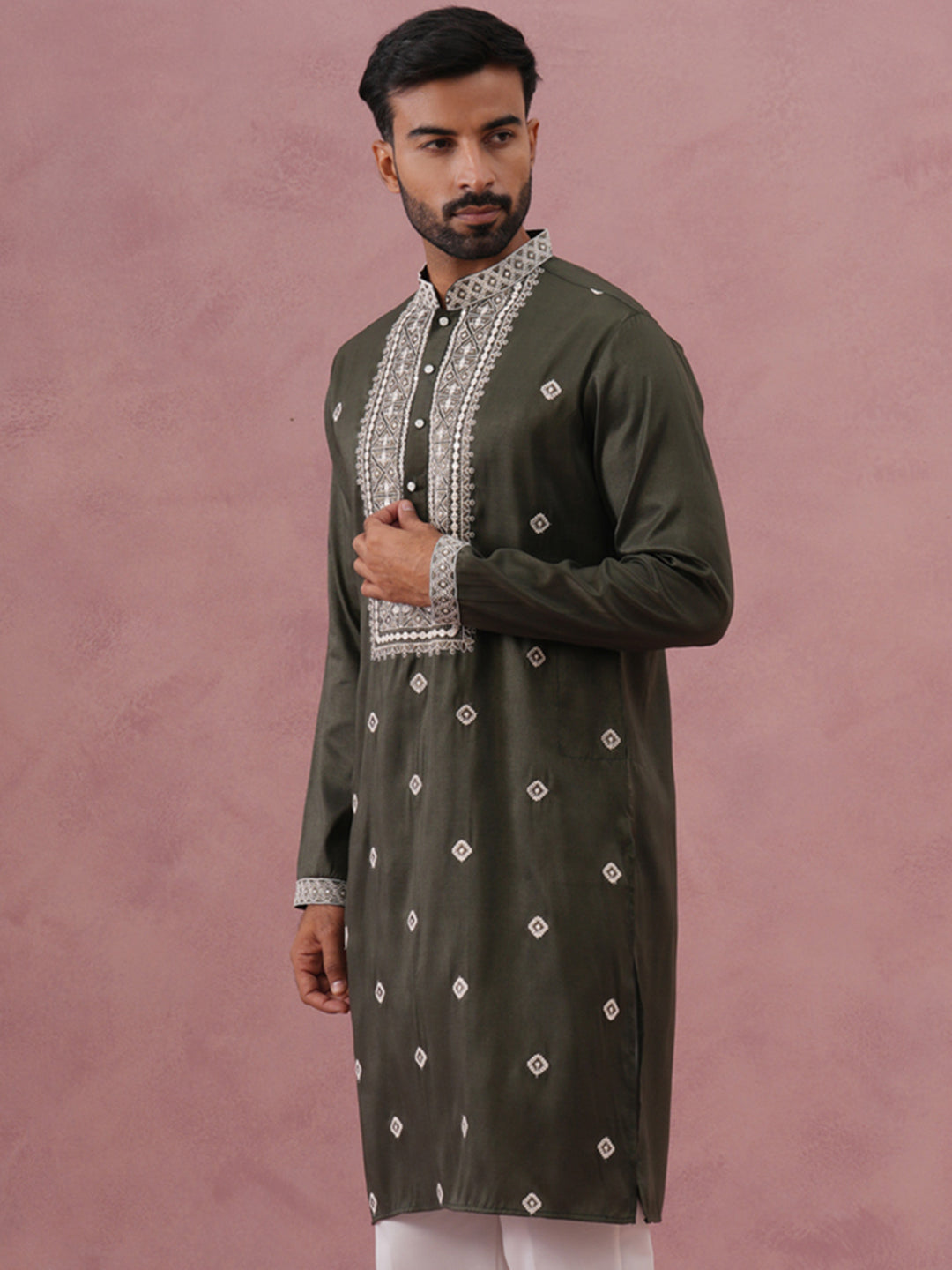 Men’s Ethnic Silk Blend Embroidered Kurta ( 65KO 5341 Olive ) [FF] [A-1-4]