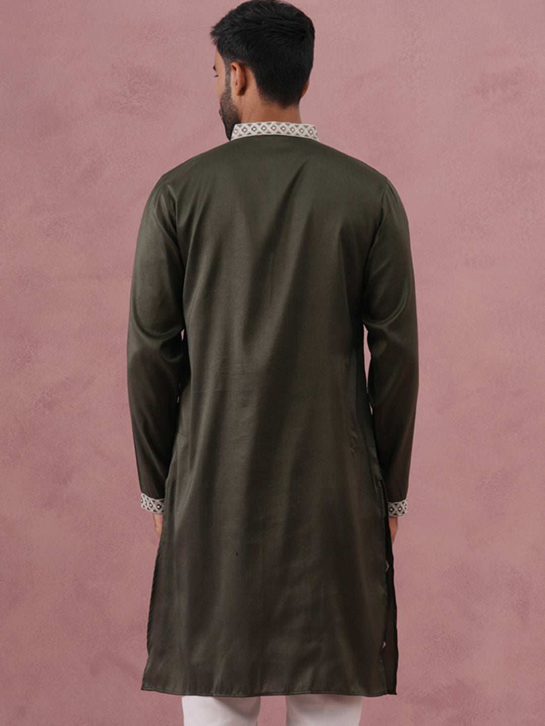 Men’s Ethnic Silk Blend Embroidered Kurta ( 65KO 5341 Olive ) [FF] [A-1-4]