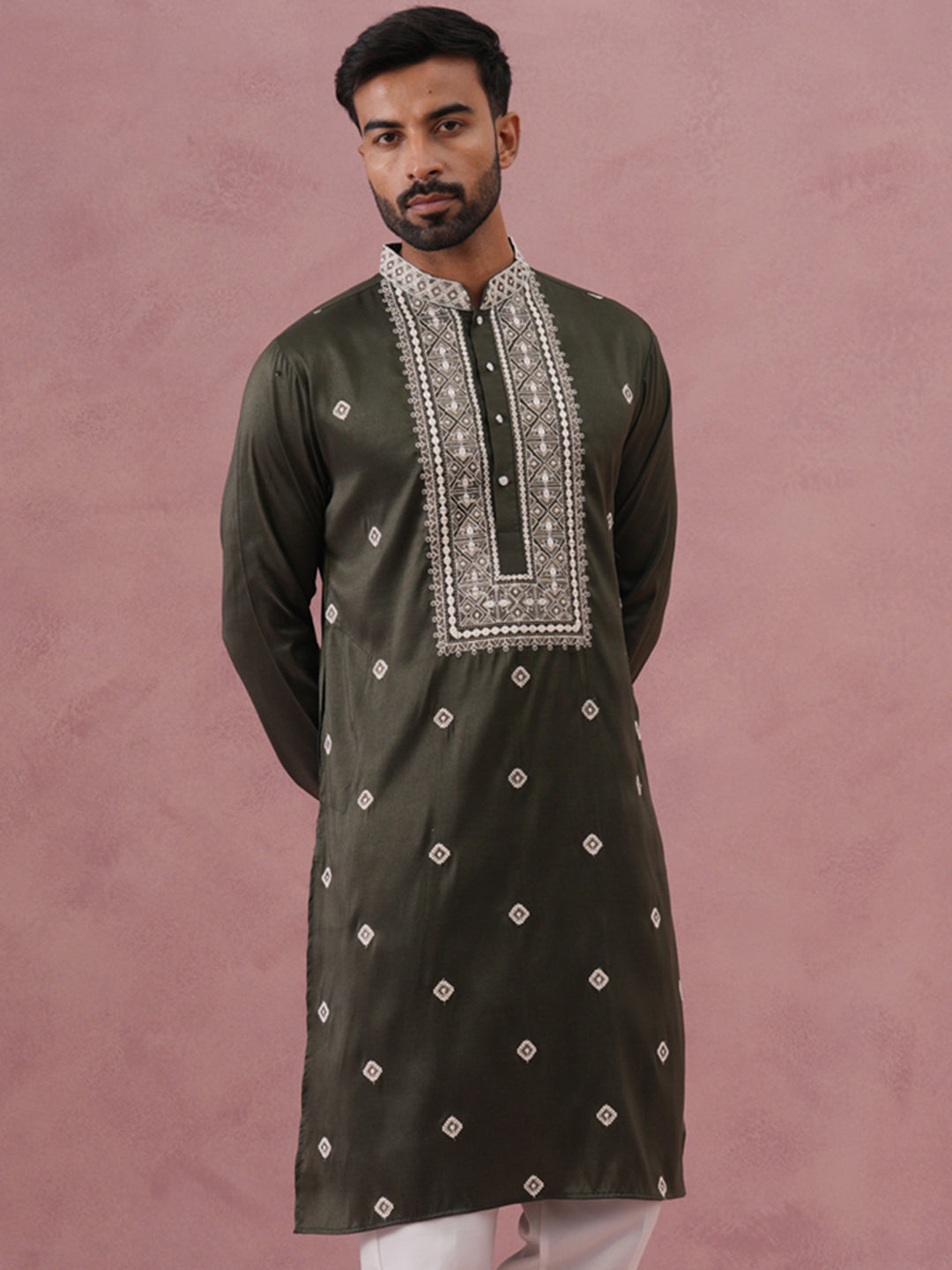 Men’s Ethnic Silk Blend Embroidered Kurta ( 65KO 5341 Olive ) [FF] [A-1-4]