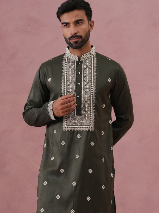Men’s Ethnic Silk Blend Embroidered Kurta ( 65KO 5341 Olive ) [FF] [A-1-4]