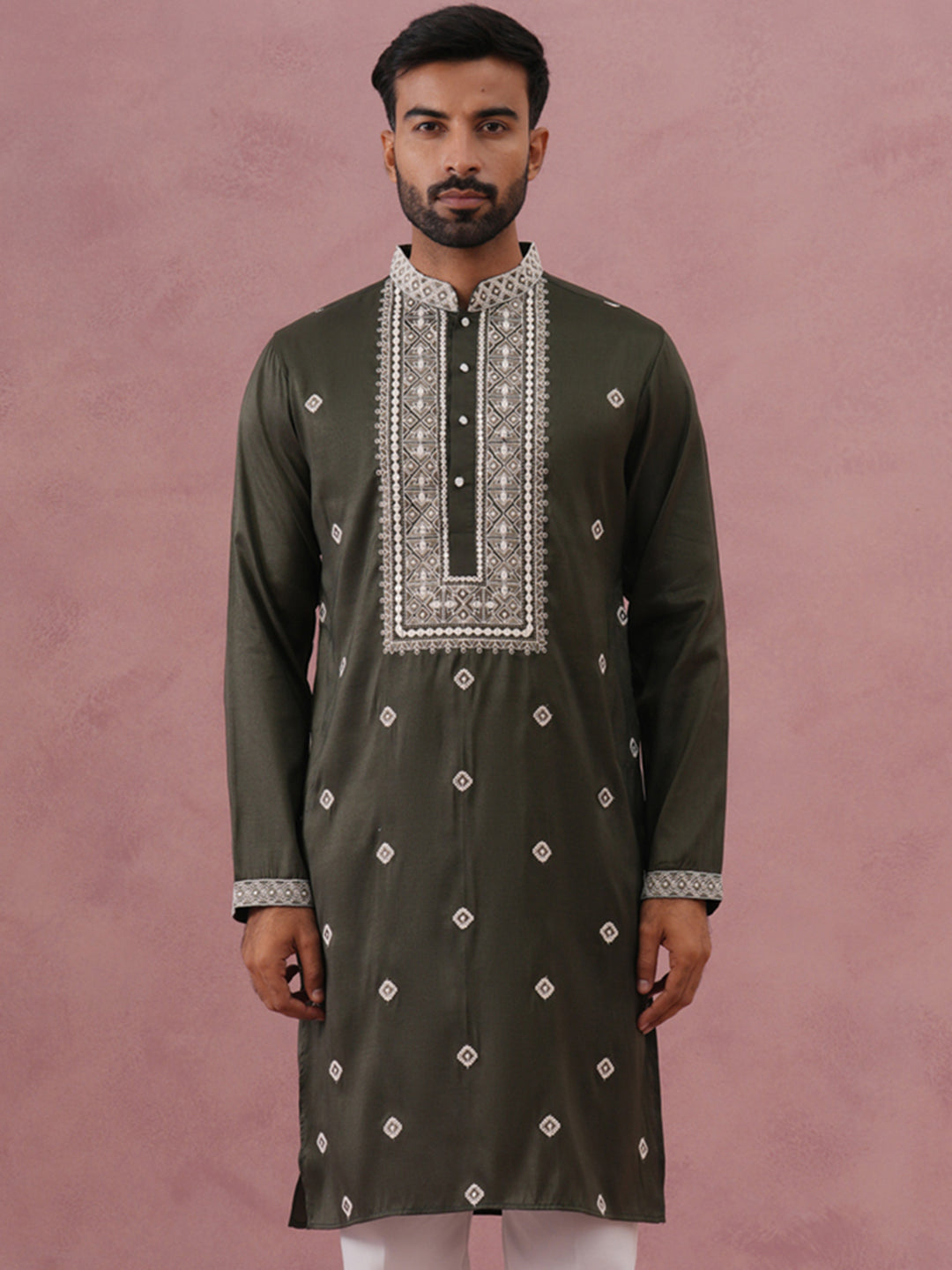 Men’s Ethnic Silk Blend Embroidered Kurta ( 65KO 5341 Olive ) [FF] [A-1-4]
