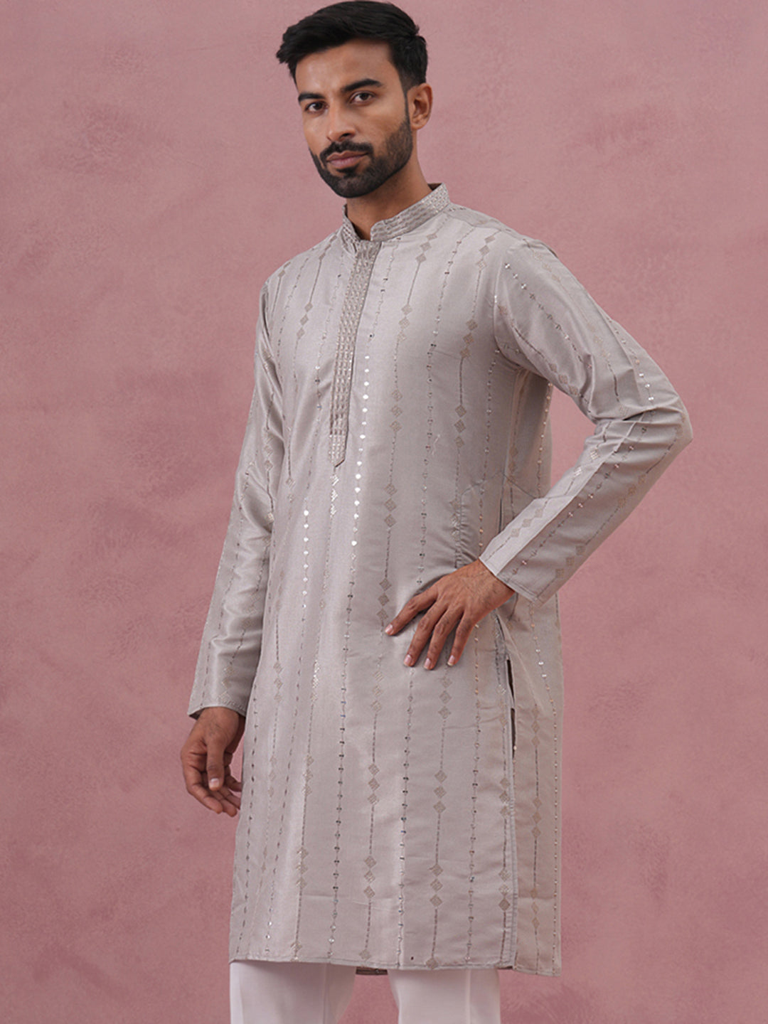 Traditional Silk-Blend Silver Kurta for Men (65KO 5343 Silver ) [FF] [B-1-2]