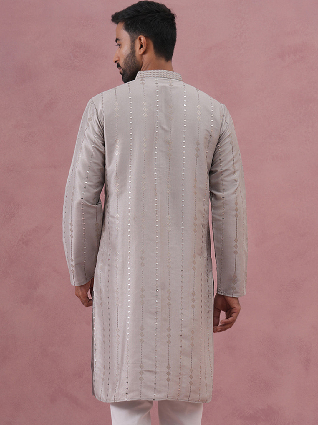 Traditional Silk-Blend Silver Kurta for Men (65KO 5343 Silver ) [FF] [B-1-2]