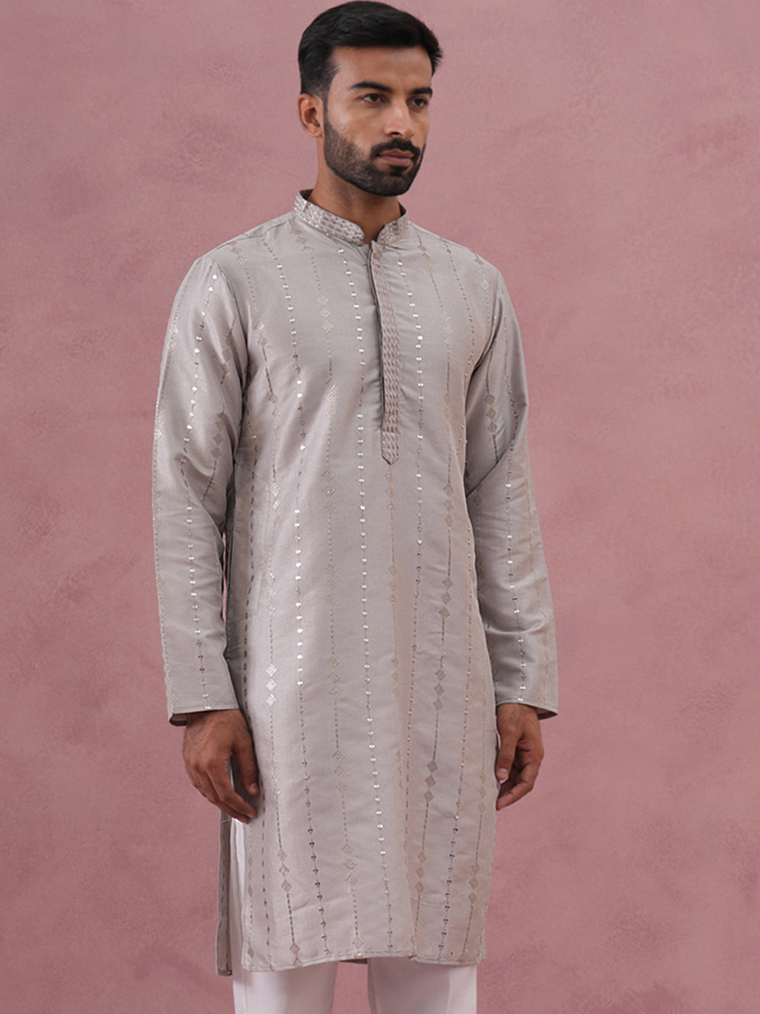 Traditional Silk-Blend Silver Kurta for Men (65KO 5343 Silver ) [FF] [B-1-2]