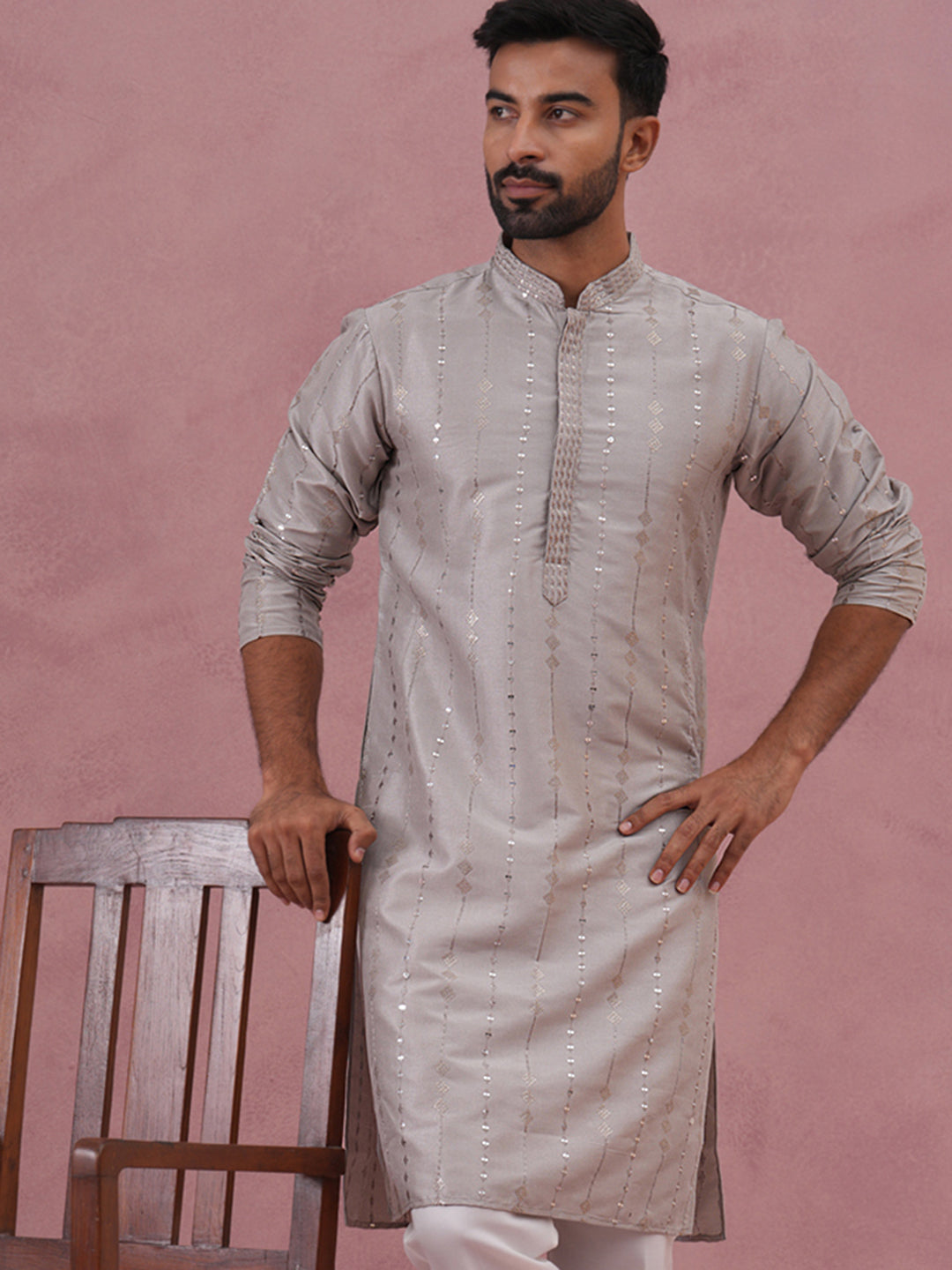 Traditional Silk-Blend Silver Kurta for Men (65KO 5343 Silver ) [FF] [B-1-2]