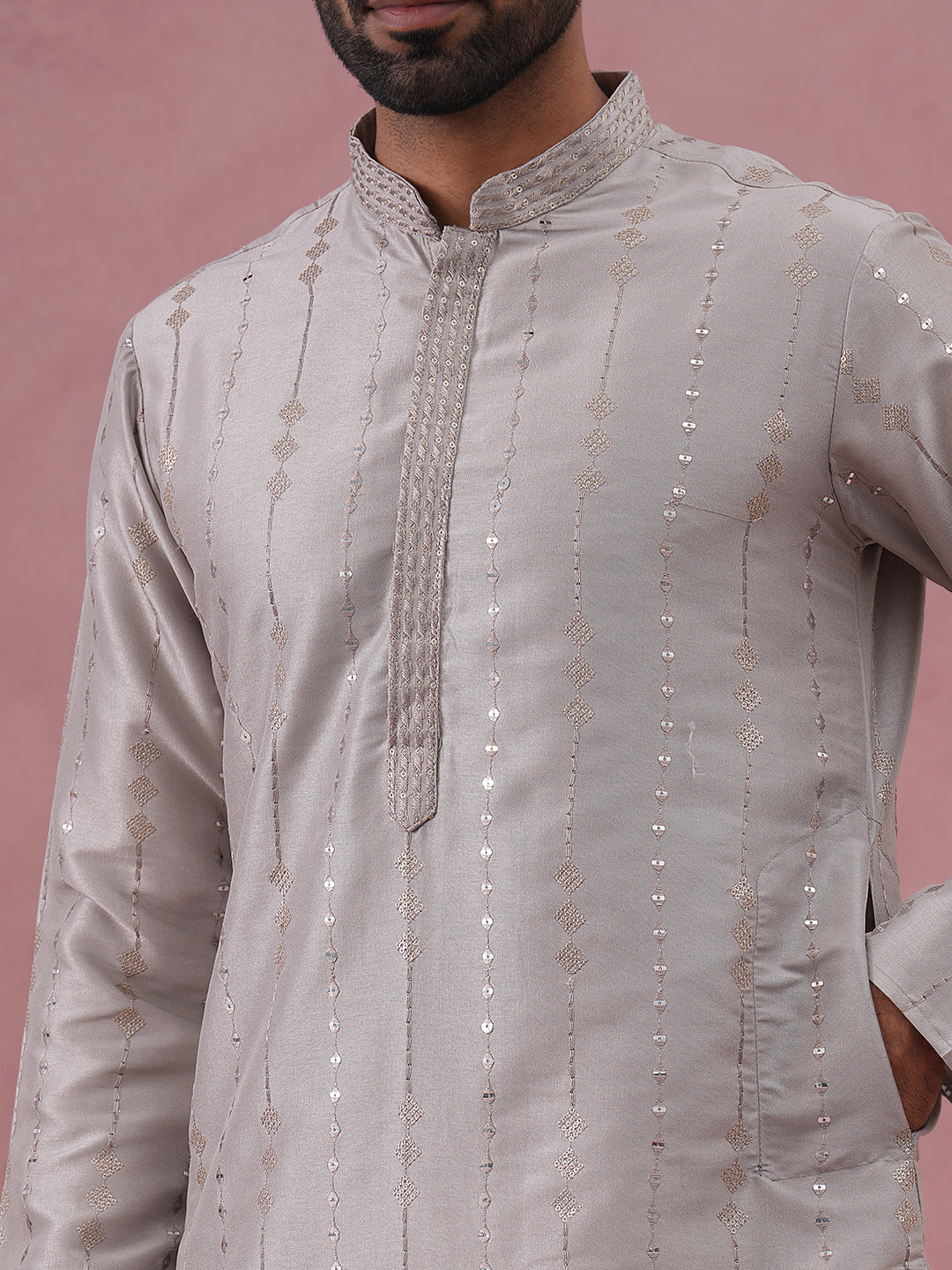 Traditional Silk-Blend Silver Kurta for Men (65KO 5343 Silver ) [FF] [B-1-2]