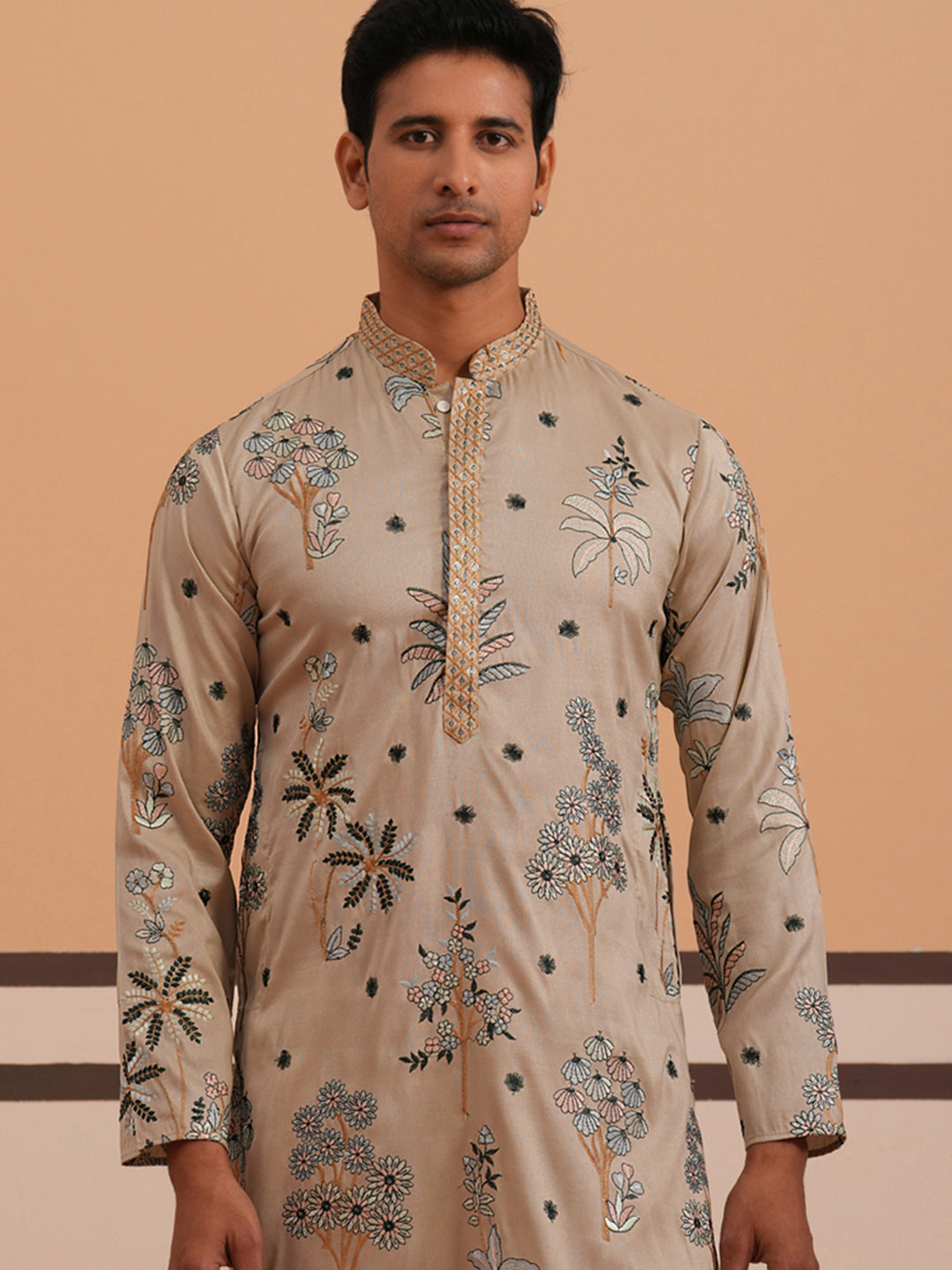 Botanical Embroidered Cotton Blend Kurta for Men (65KO 5344 Beige ) [FF] [Q-4]
