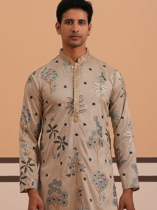Botanical Embroidered Cotton Blend Kurta for Men (65KO 5344 Beige ) [FF] [Q-4]