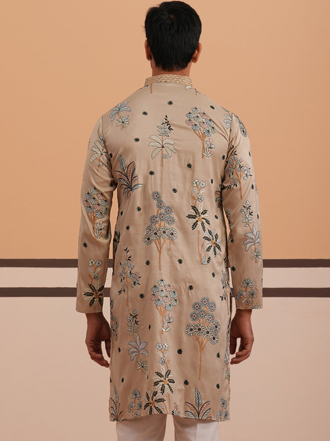 Botanical Embroidered Cotton Blend Kurta for Men (65KO 5344 Beige ) [FF] [Q-4]