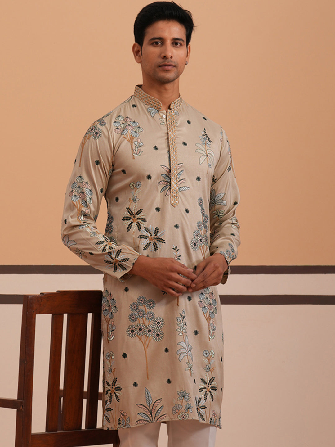 Botanical Embroidered Cotton Blend Kurta for Men (65KO 5344 Beige ) [FF] [Q-4]