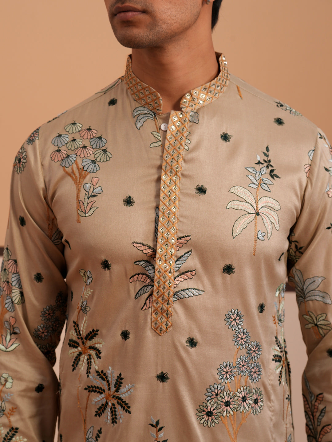 Botanical Embroidered Cotton Blend Kurta for Men (65KO 5344 Beige ) [FF] [Q-4]