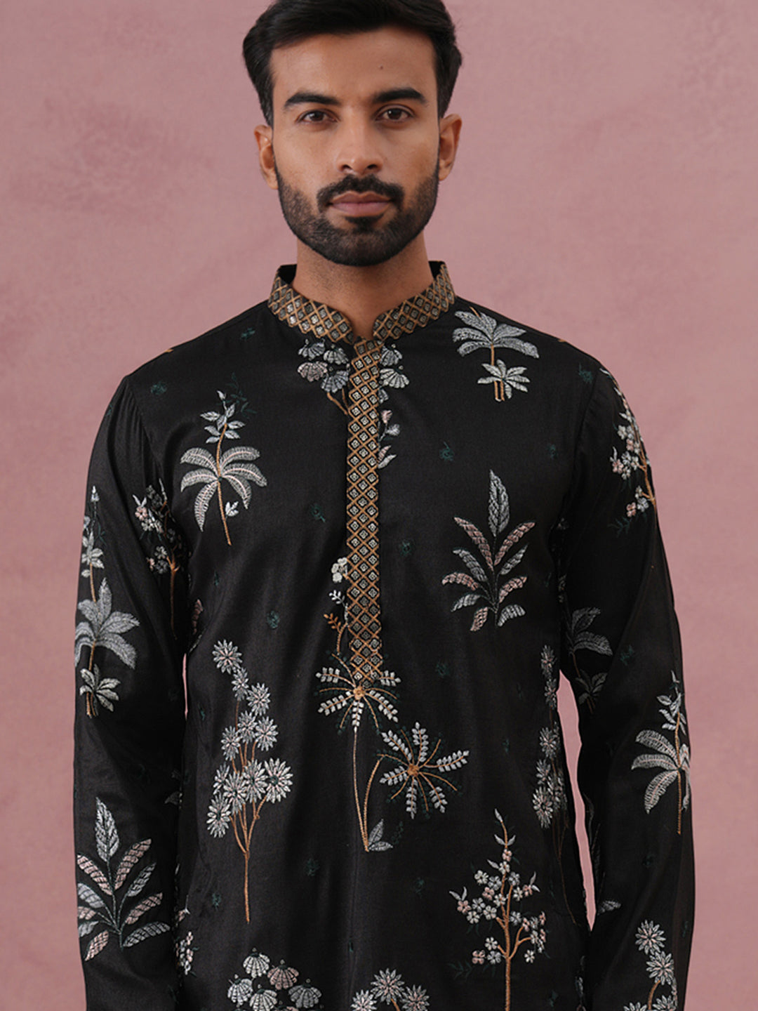 Botanical Embroidered Cotton Blend Kurta for Men (65KO 5344 Black ) [FF] [Q-4]