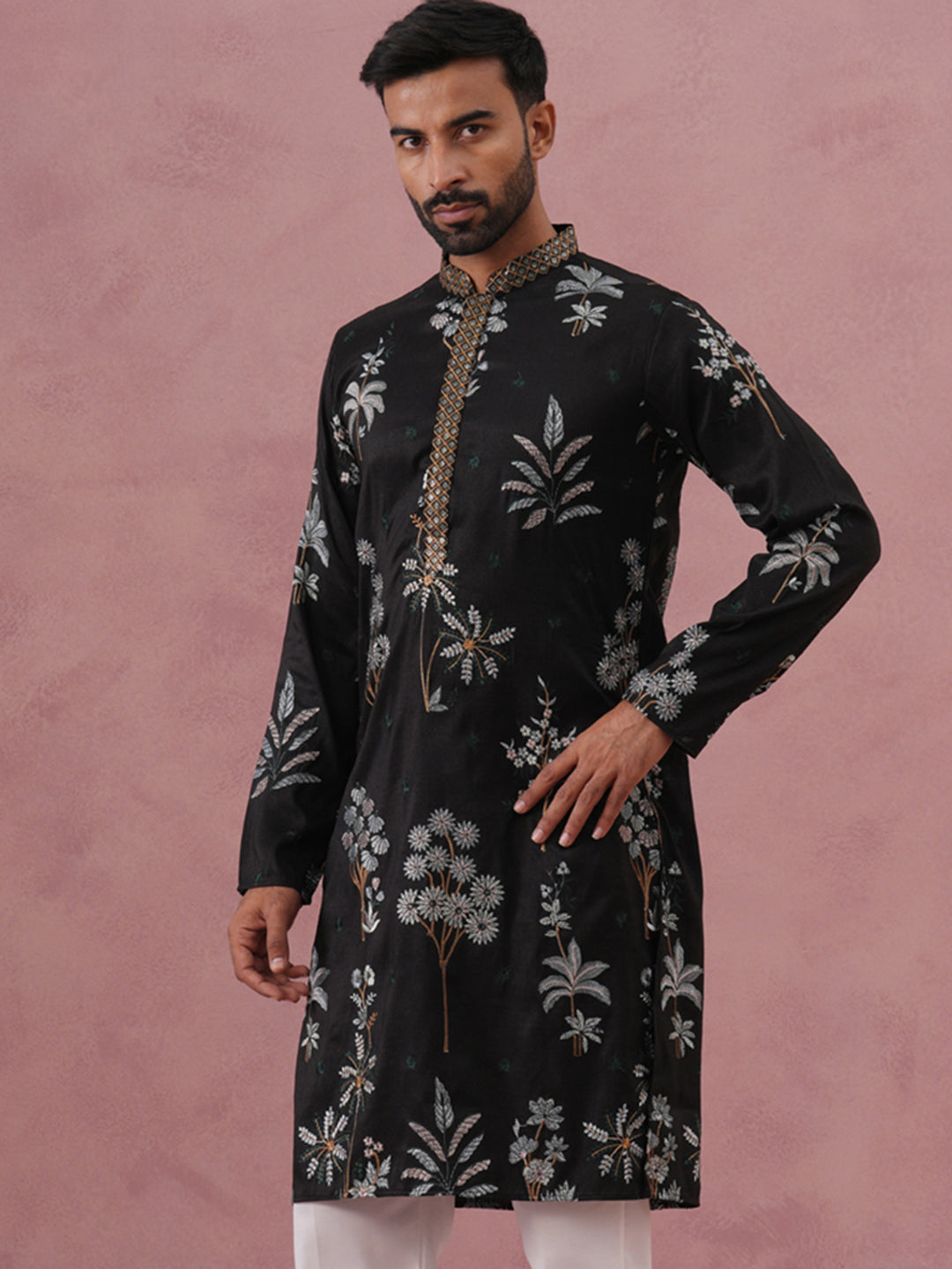 Botanical Embroidered Cotton Blend Kurta for Men (65KO 5344 Black ) [FF] [Q-4]