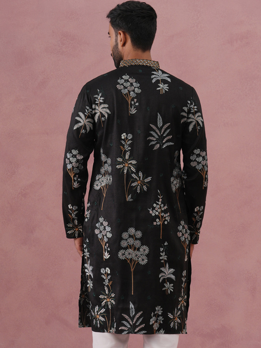 Botanical Embroidered Cotton Blend Kurta for Men (65KO 5344 Black ) [FF] [Q-4]