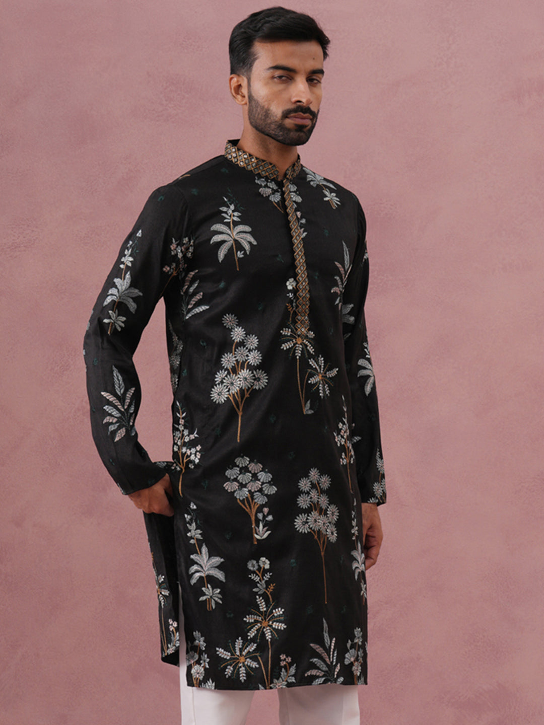 Botanical Embroidered Cotton Blend Kurta for Men (65KO 5344 Black ) [FF] [Q-4]