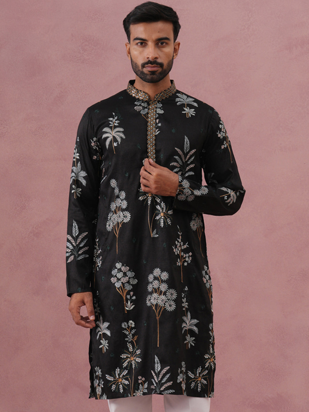 Botanical Embroidered Cotton Blend Kurta for Men (65KO 5344 Black ) [FF] [Q-4]