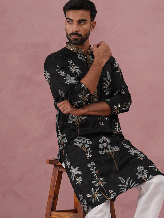 Botanical Embroidered Cotton Blend Kurta for Men (65KO 5344 Black ) [FF] [Q-4]