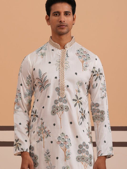 Botanical Embroidered Cotton Blend Kurta for Men (65KO 5344 White ) [FF] [Q-4]