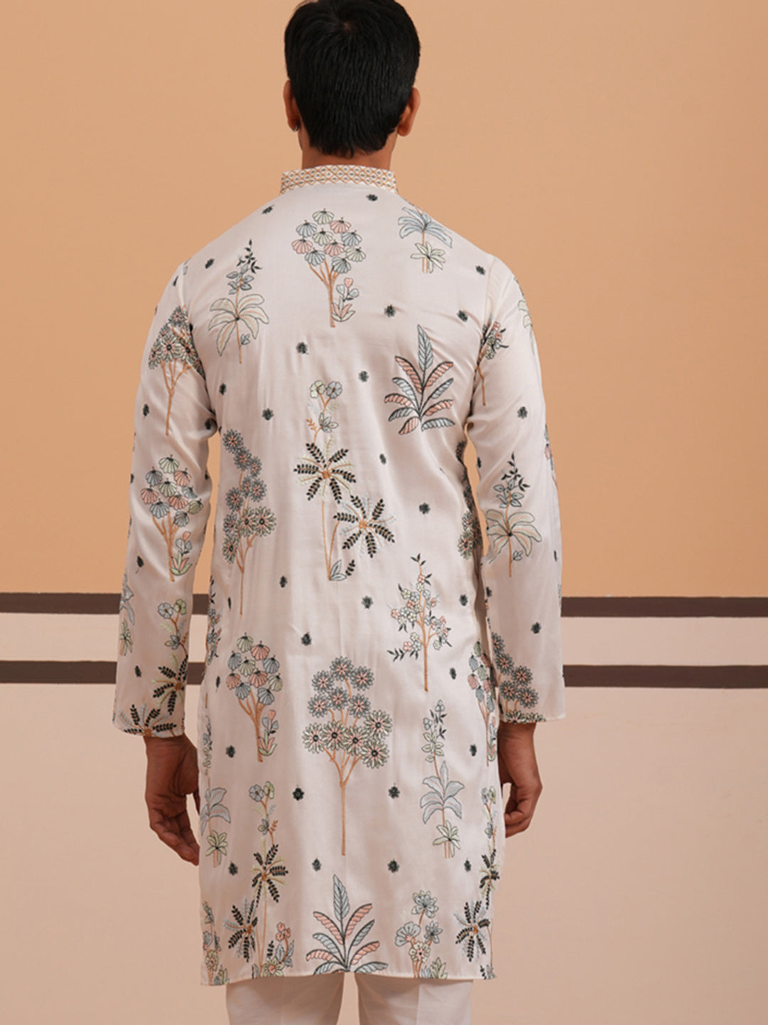 Botanical Embroidered Cotton Blend Kurta for Men (65KO 5344 White ) [FF] [Q-4]