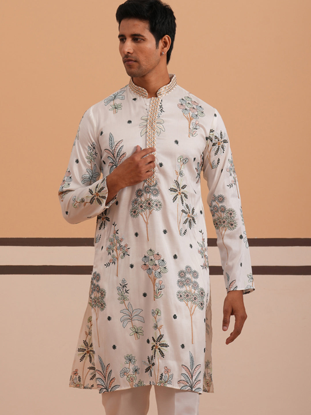Botanical Embroidered Cotton Blend Kurta for Men (65KO 5344 White ) [FF] [Q-4]