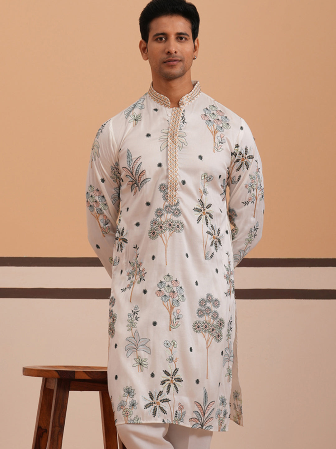 Botanical Embroidered Cotton Blend Kurta for Men (65KO 5344 White ) [FF] [Q-4]