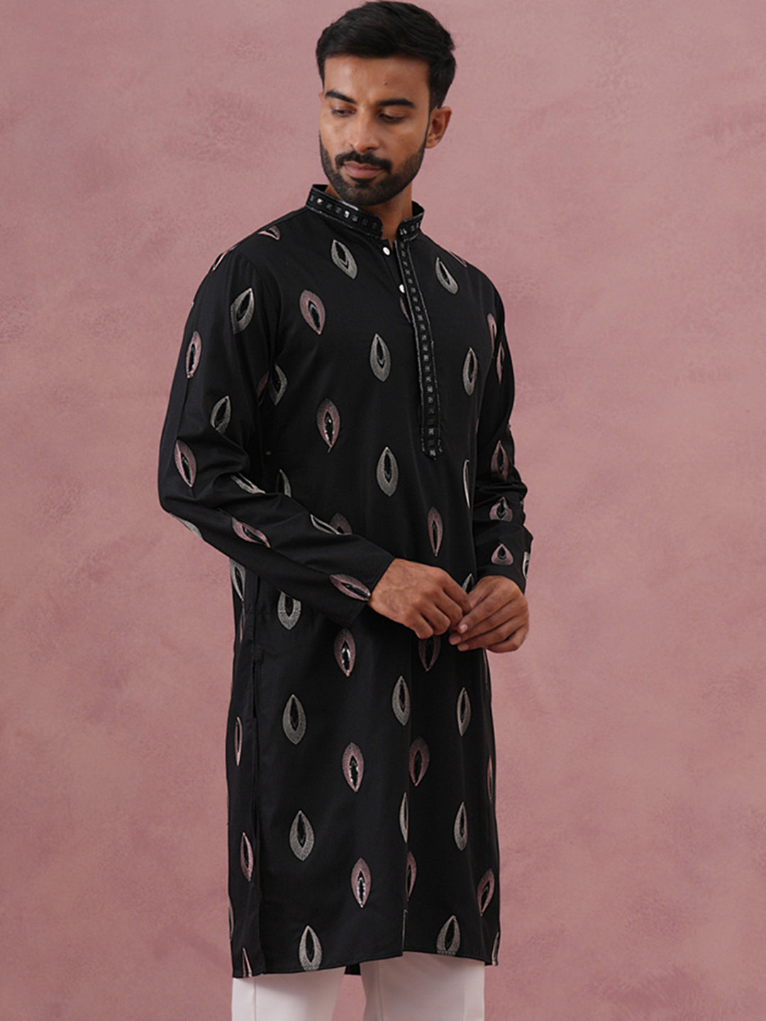 Festive Silk Blend Embroidered Kurta (65KO 5346 Black ) [FF] [B-1-2]