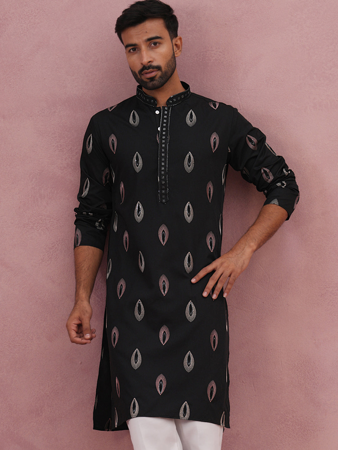 Festive Silk Blend Embroidered Kurta (65KO 5346 Black ) [FF] [B-1-2]