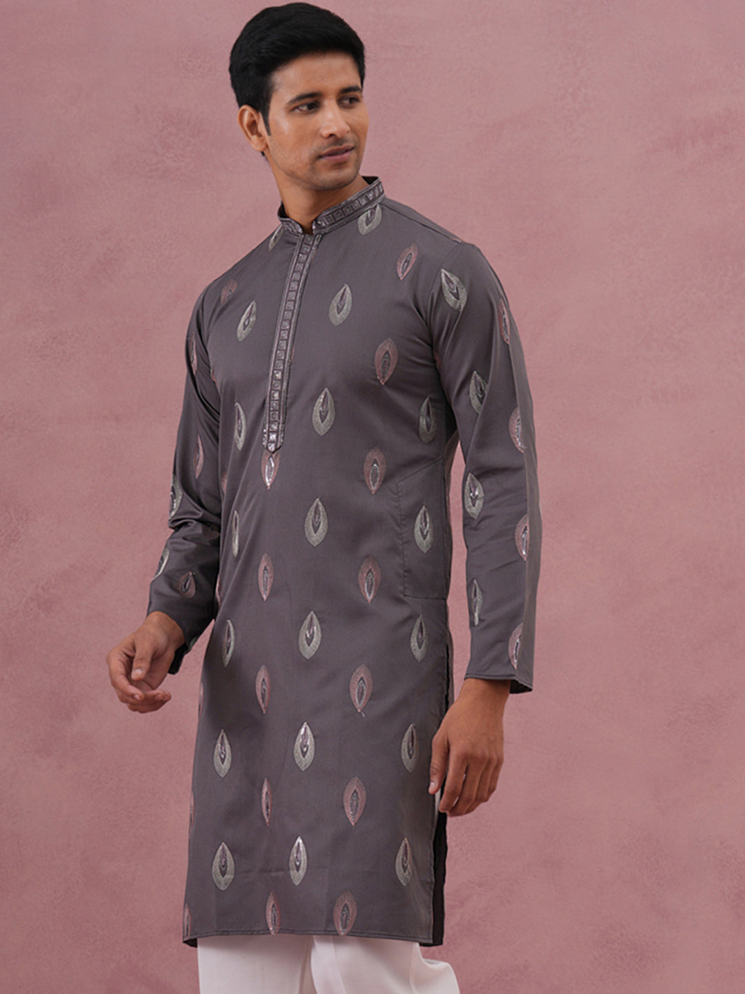 Festive Silk Blend Embroidered Kurta (65KO 5346 Grey ) [FF] [B-1-2]