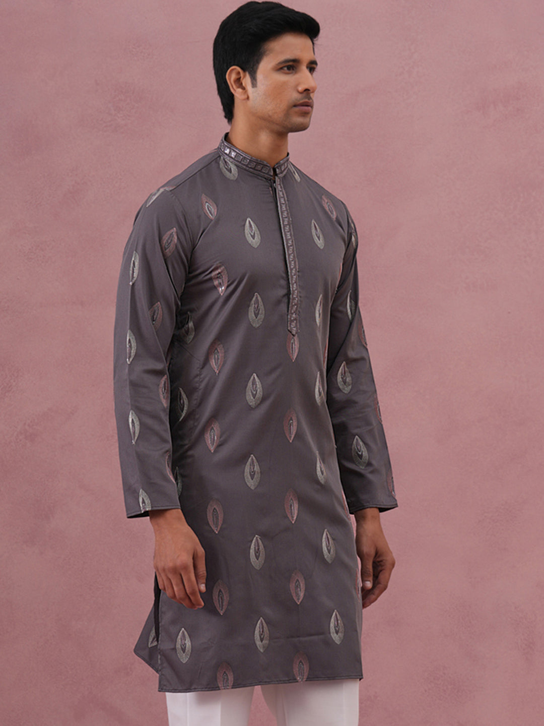 Festive Silk Blend Embroidered Kurta (65KO 5346 Grey ) [FF] [B-1-2]