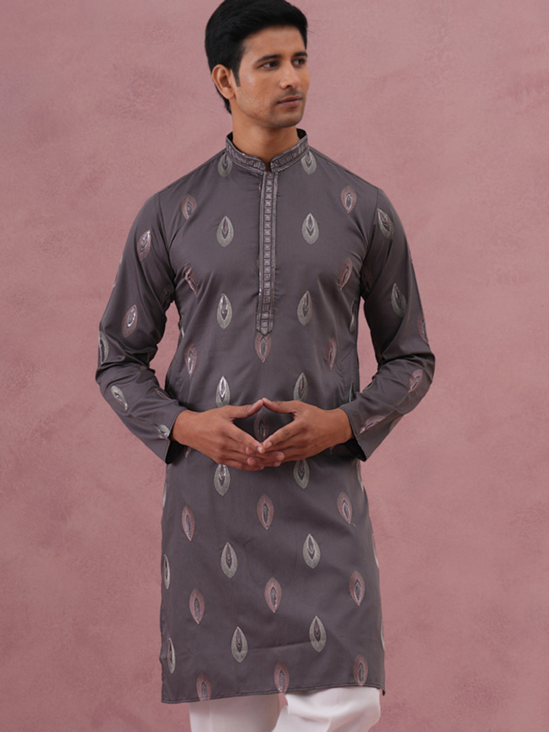 Festive Silk Blend Embroidered Kurta (65KO 5346 Grey ) [FF] [B-1-2]