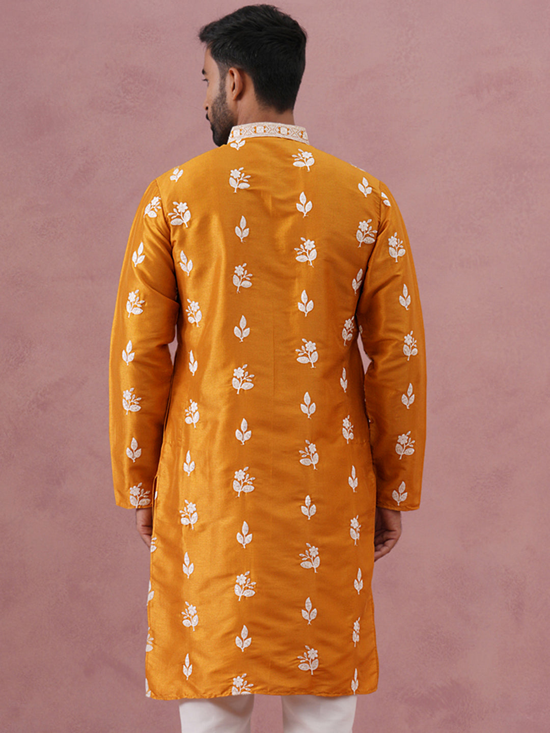 Men’s Embroidered Silk Blend Kurta ( 65KO 5347 Mustard ) [FF] [B-1-2]