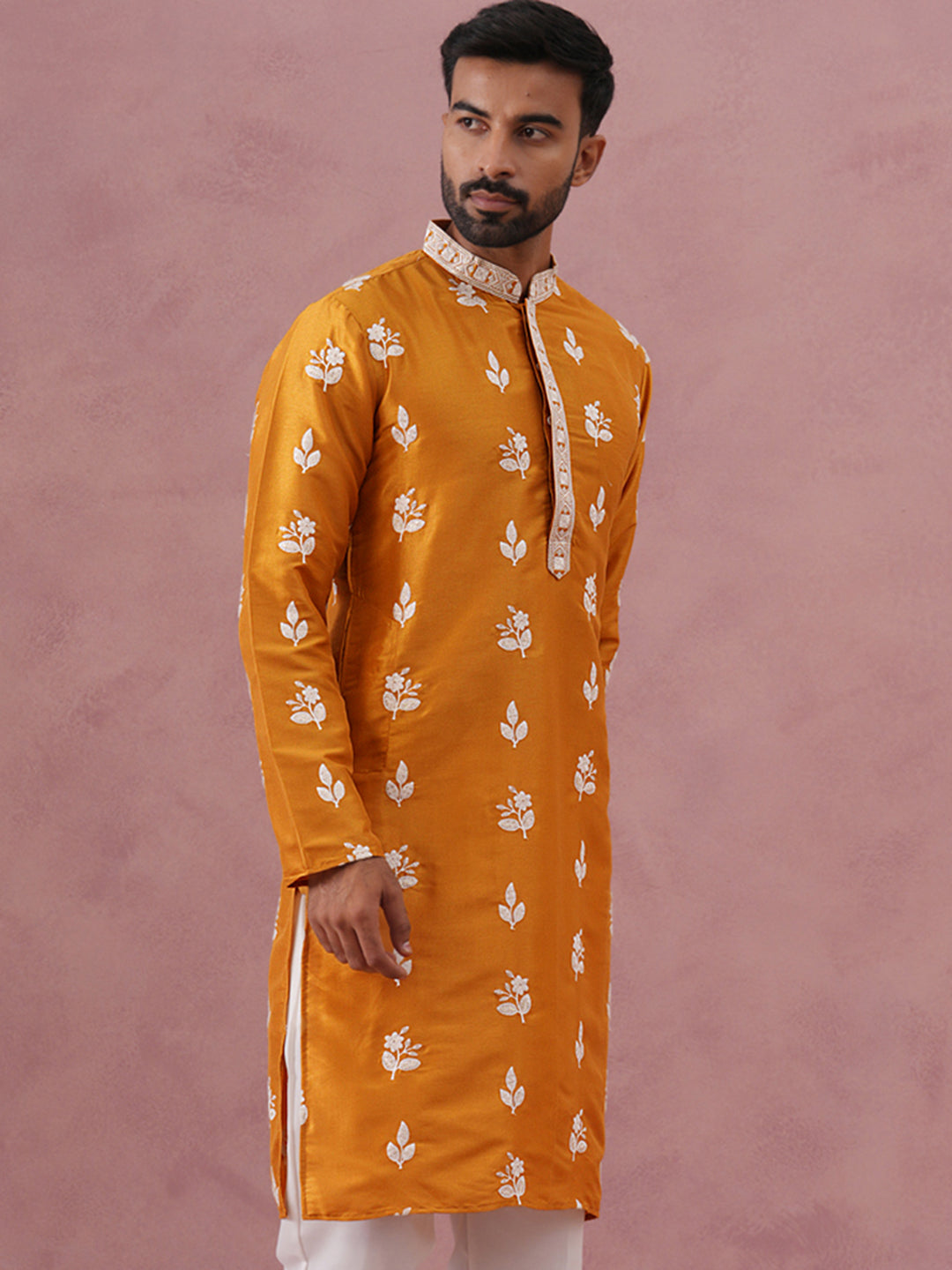 Men’s Embroidered Silk Blend Kurta ( 65KO 5347 Mustard ) [FF] [B-1-2]