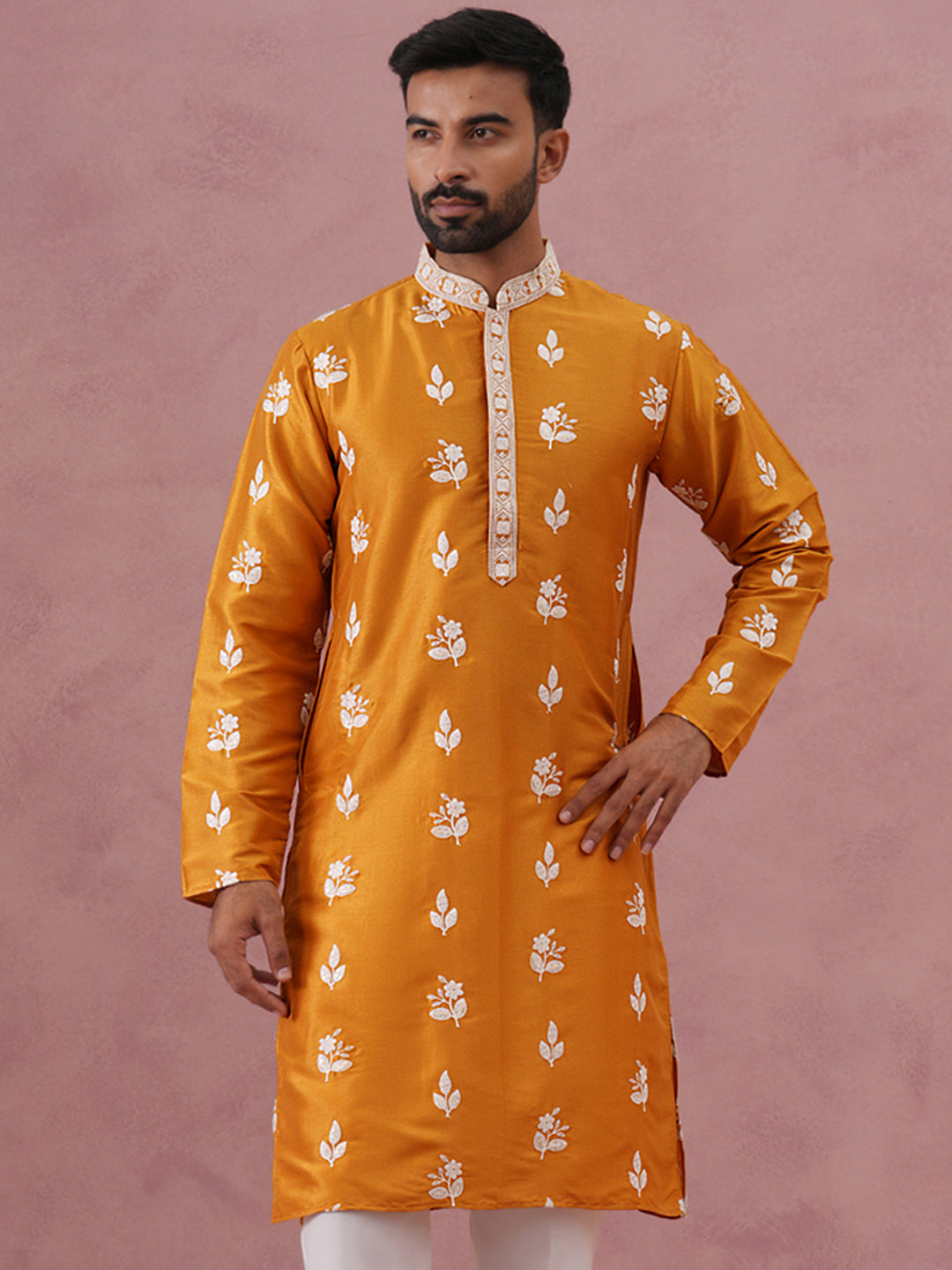 Men’s Embroidered Silk Blend Kurta ( 65KO 5347 Mustard ) [FF] [B-1-2]