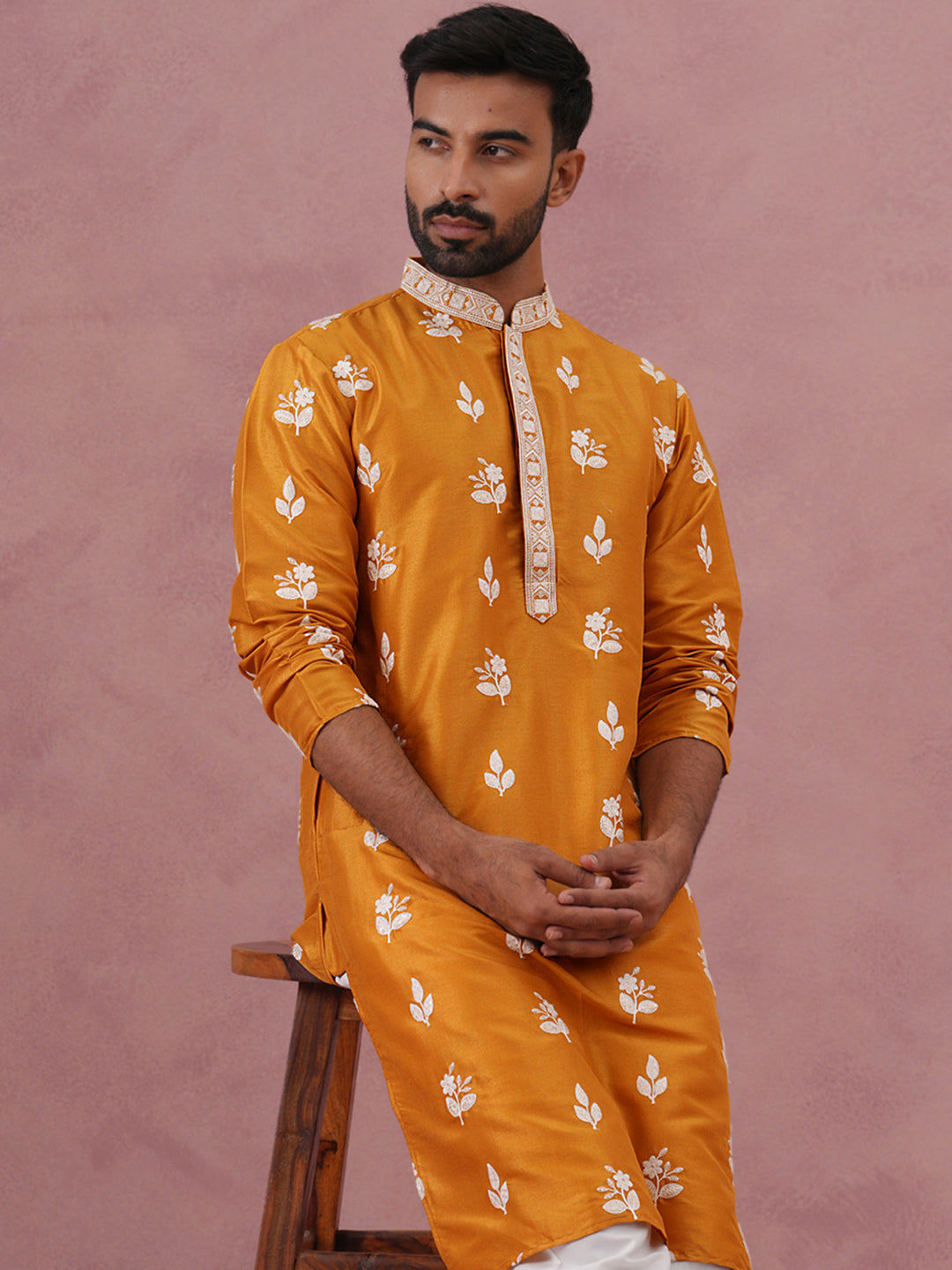Men’s Embroidered Silk Blend Kurta ( 65KO 5347 Mustard ) [FF] [B-1-2]