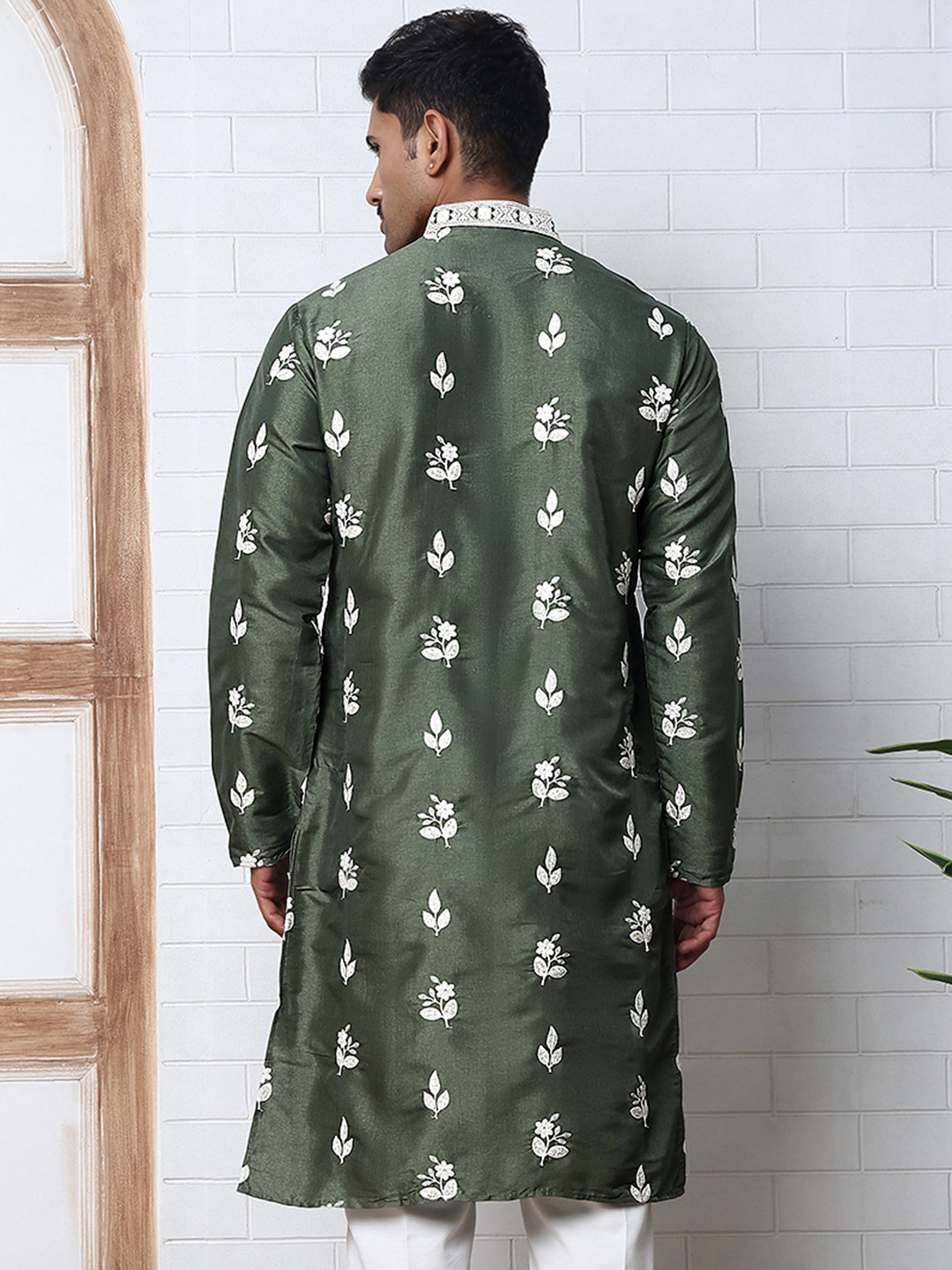 Men’s Embroidered Silk Blend Kurta ( 65KO 5347 Olive ) [FF] [B-1-2]