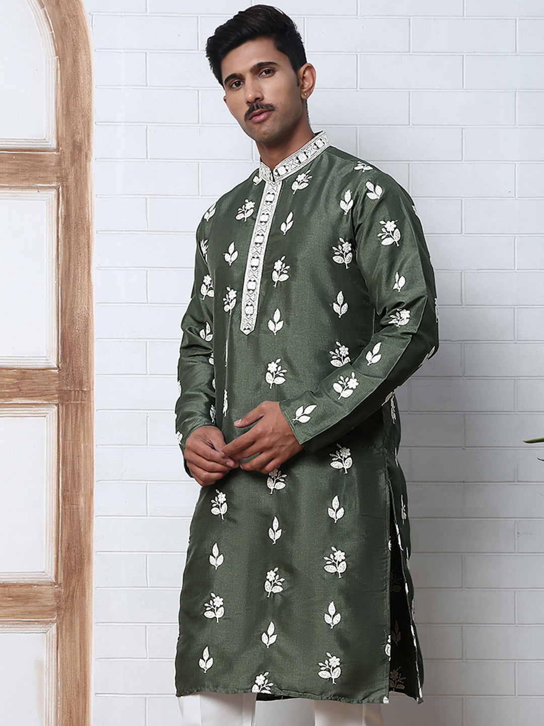 Men’s Embroidered Silk Blend Kurta ( 65KO 5347 Olive ) [FF] [B-1-2]
