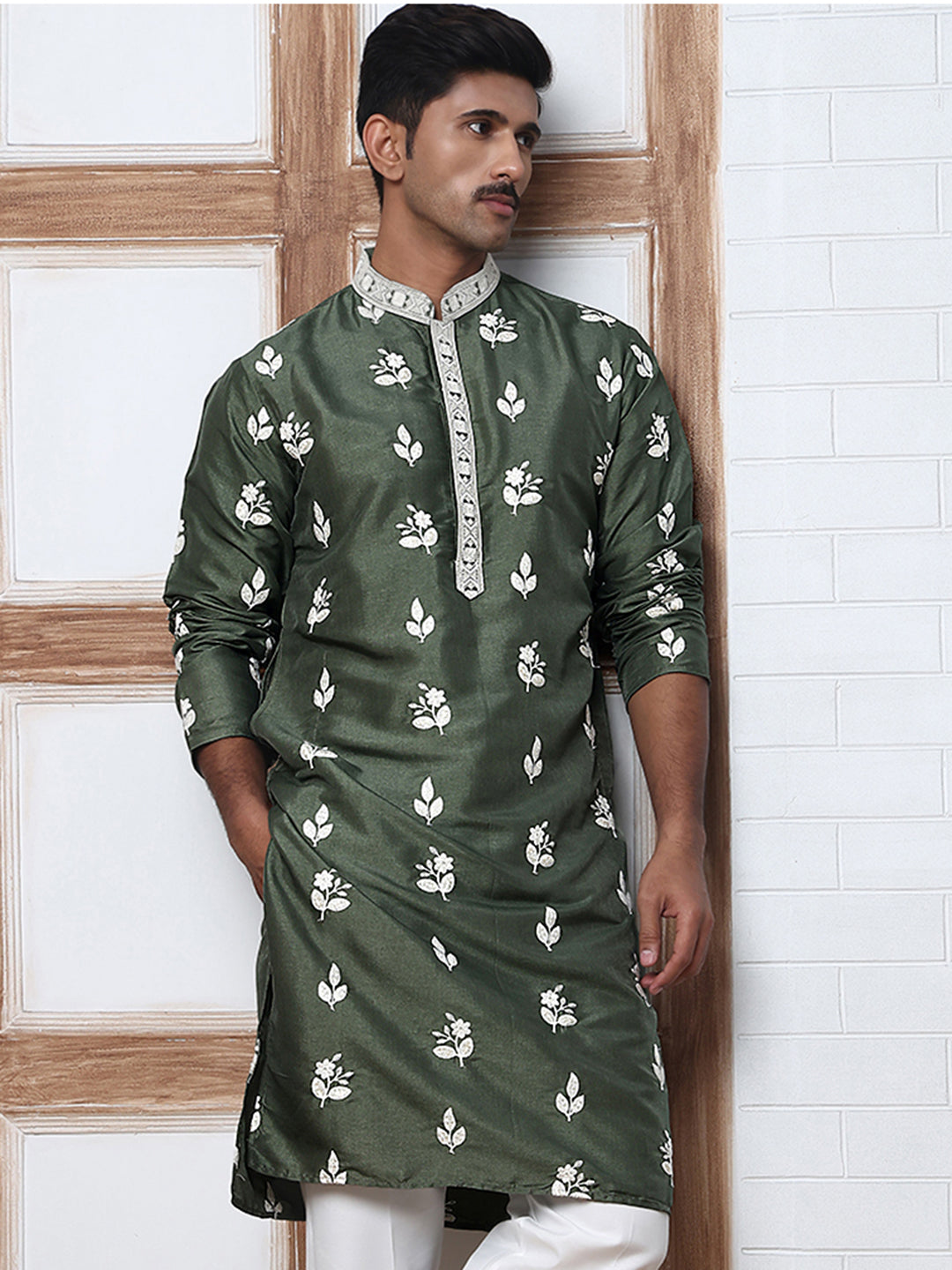 Men’s Embroidered Silk Blend Kurta ( 65KO 5347 Olive ) [FF] [B-1-2]