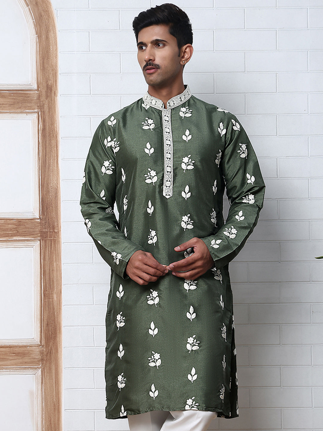 Men’s Embroidered Silk Blend Kurta ( 65KO 5347 Olive ) [FF] [B-1-2]