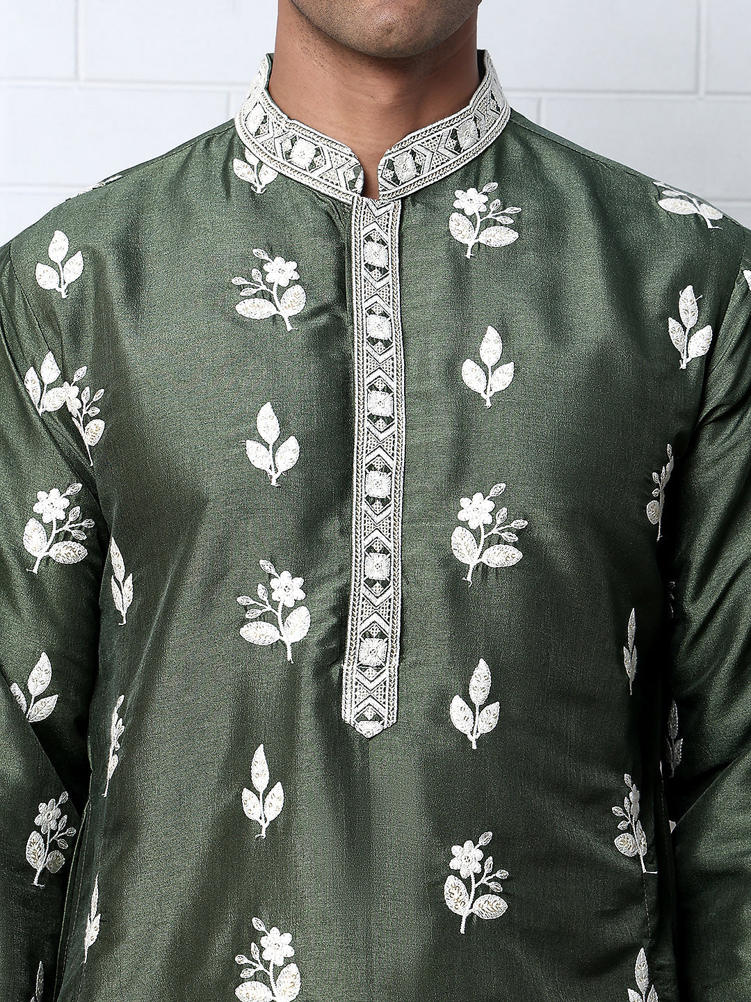 Men’s Embroidered Silk Blend Kurta ( 65KO 5347 Olive ) [FF] [B-1-2]