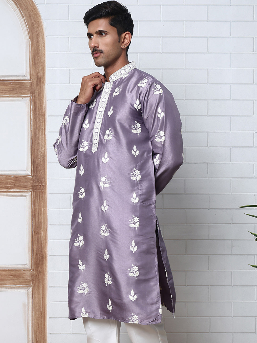 Men’s Embroidered Silk Blend Kurta (65KO 5347 Purple ) [FF] [B-1-2]